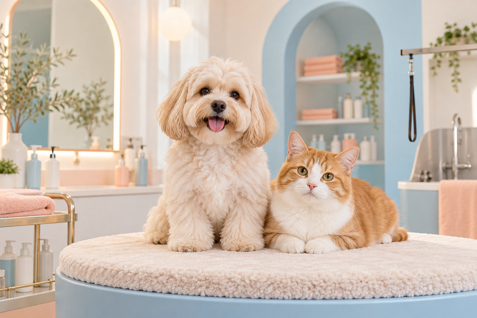 A fluffy cream dog and ginger cat in a calm grooming salon